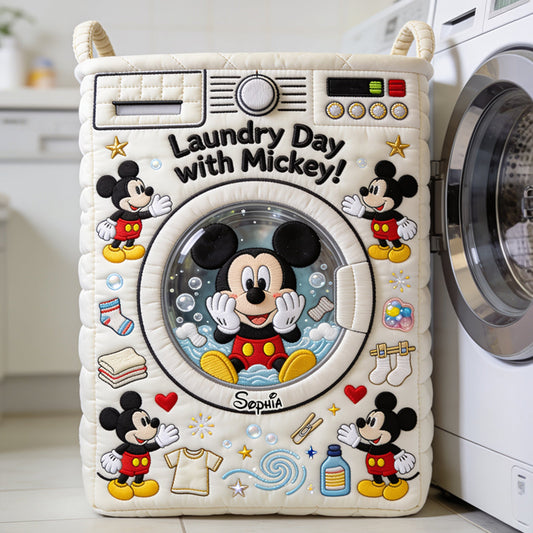MkMo Laundry Day With Magic Mouse - Personalized Quilted Laundry Basket - Gift For Family, Laundry Lovers NL122