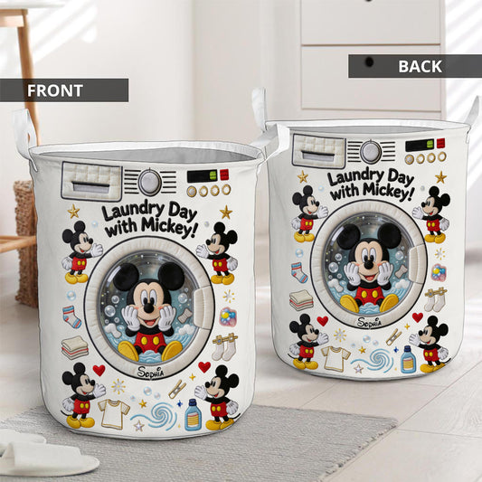 MkMo Laundry Day With Magic Mouse - Personalized Quilted Laundry Basket - Gift For Family, Laundry Lovers NL122