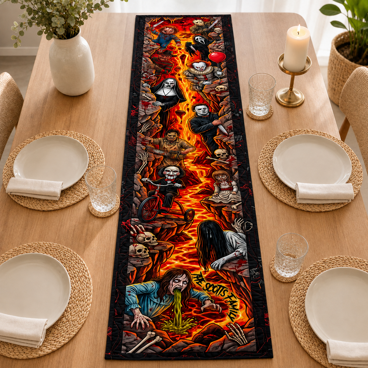 Creepy Horror Halloween Dining Table Decor, Spooky Party - Personalized Quilted Table Runner