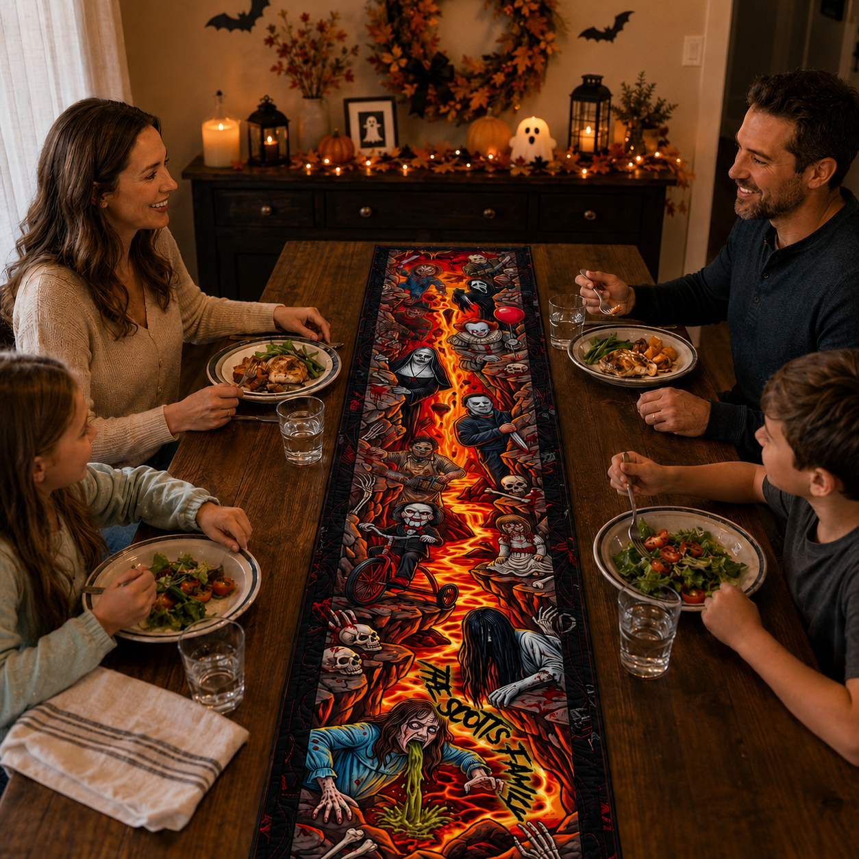 Creepy Horror Halloween Dining Table Decor, Spooky Party - Personalized Quilted Table Runner
