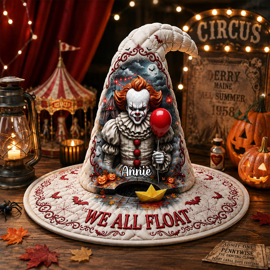 NL122 Creepy We All Float - Personalized Quilted Witch Hat - Halloween Gift For Horror Lovers