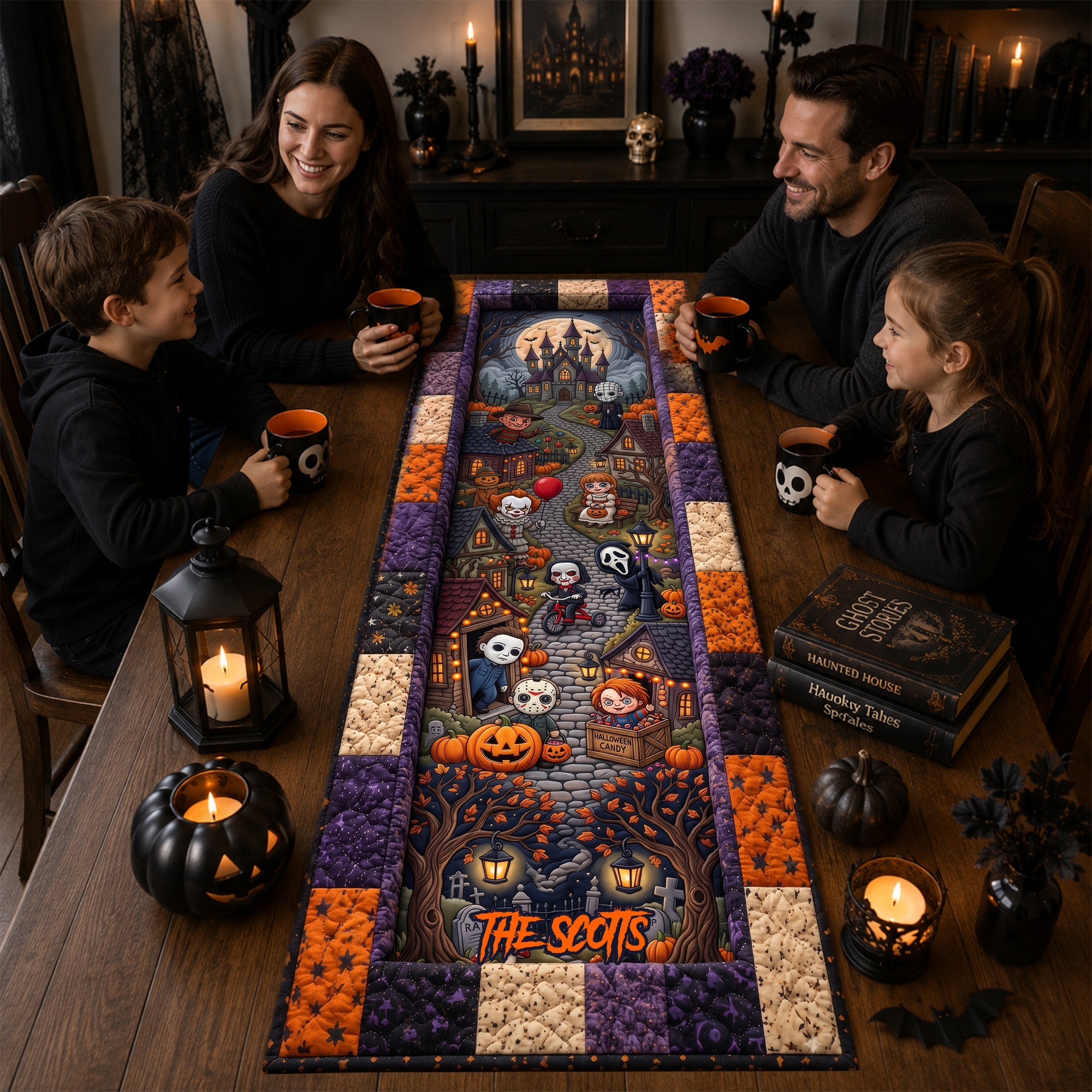 VD01. Halloween Horror Characters Fall Season Gift For Horror Fans - Personalized Quilt Table Runner