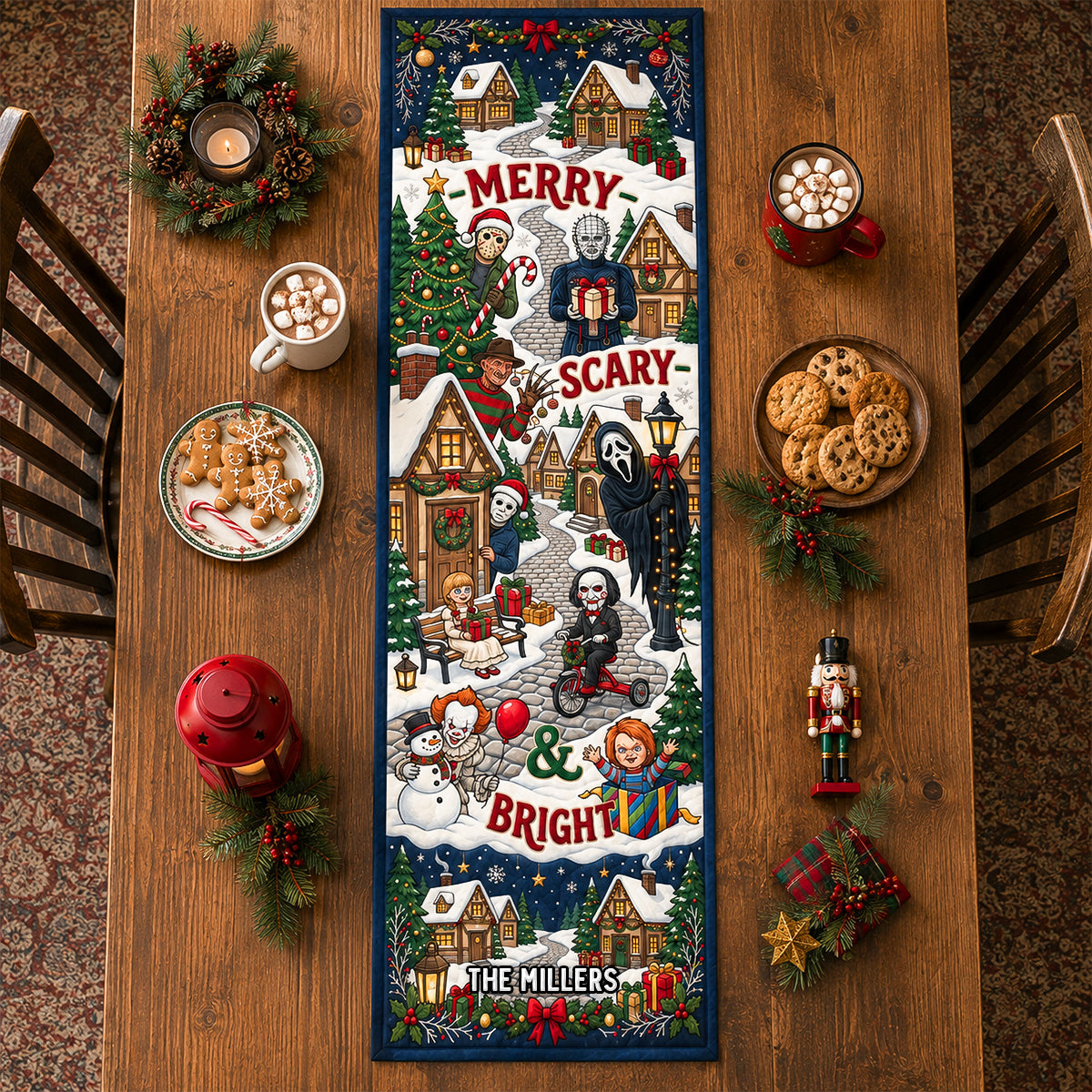 LA02. Merry Scary Christmas Family Decor, Custom Family Name Gift - Personalized Quilt Table Runner