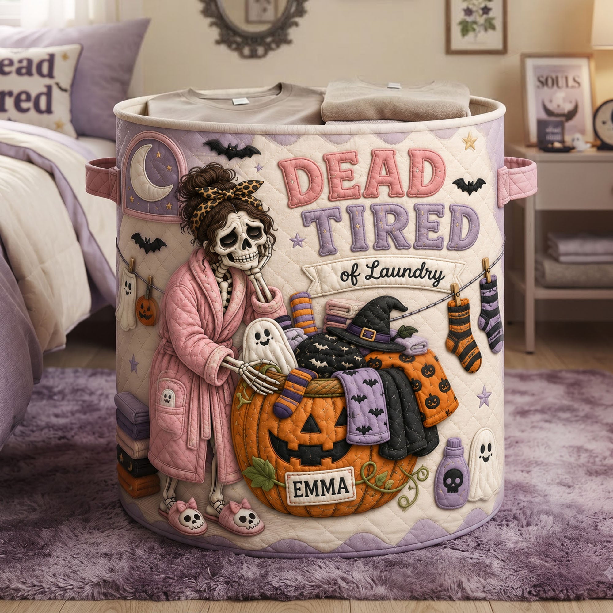 LA02. Dead Tired Of Laundry Funny Halloween Gift For Mom - Personalized Quilt Laundry Basket