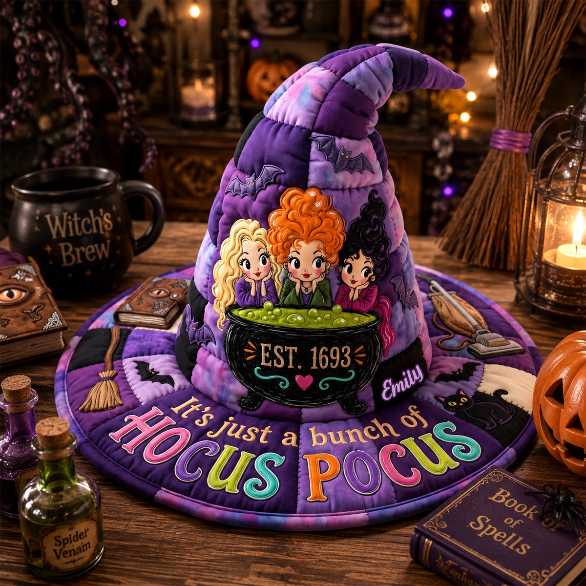 Three Witch Sisters Cauldron Halloween Costume, Purple Spooky Party - Personalized Quilted Witch Hat LA02