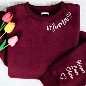 Custom Mama Love Kid On Neckline And Sleeve - Gift For Mom, Grandmother - Embroidered Sweatshirt