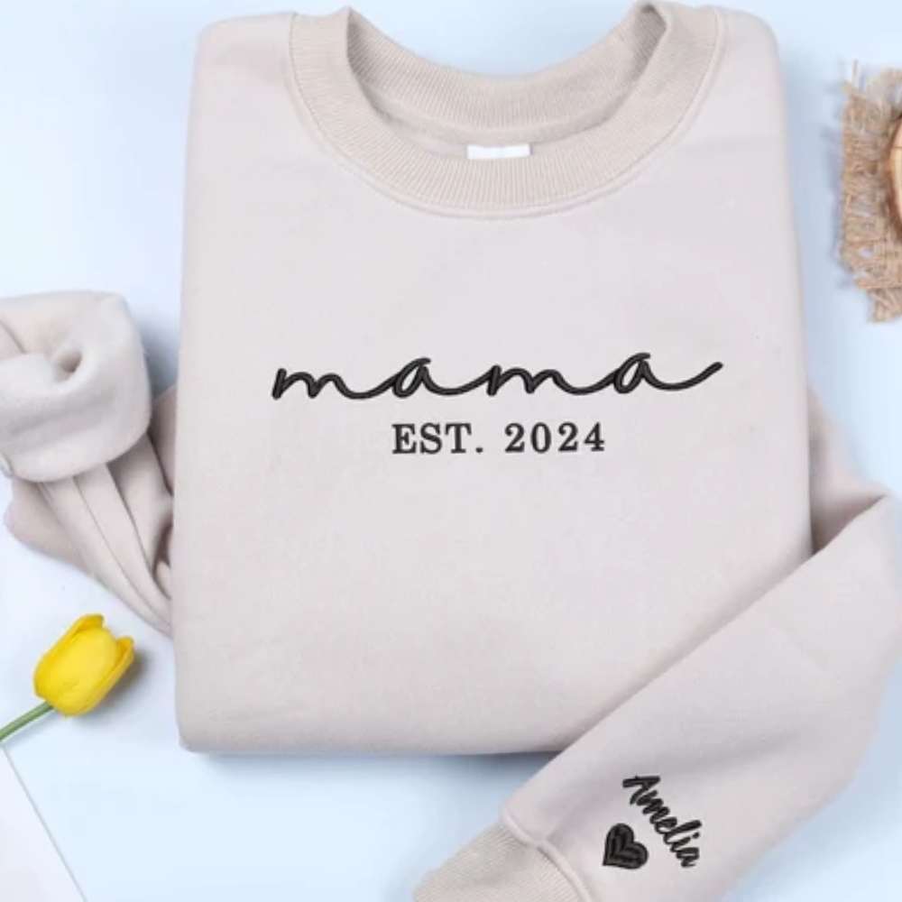 Custom Mama Date Est With Kid On Chest And Sleeve - Gift For Mom, Grandmother - Embroidered Sweatshirt