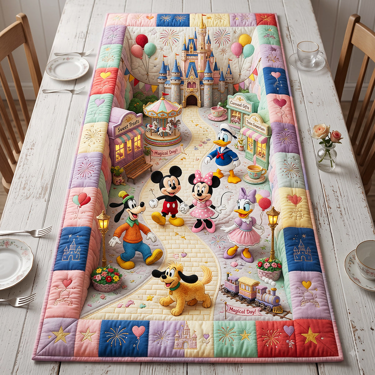 HH01 MkMo Sweet Street With Magic Mouse Custom Name Gift For Family - Personalized Quilted Table Runner