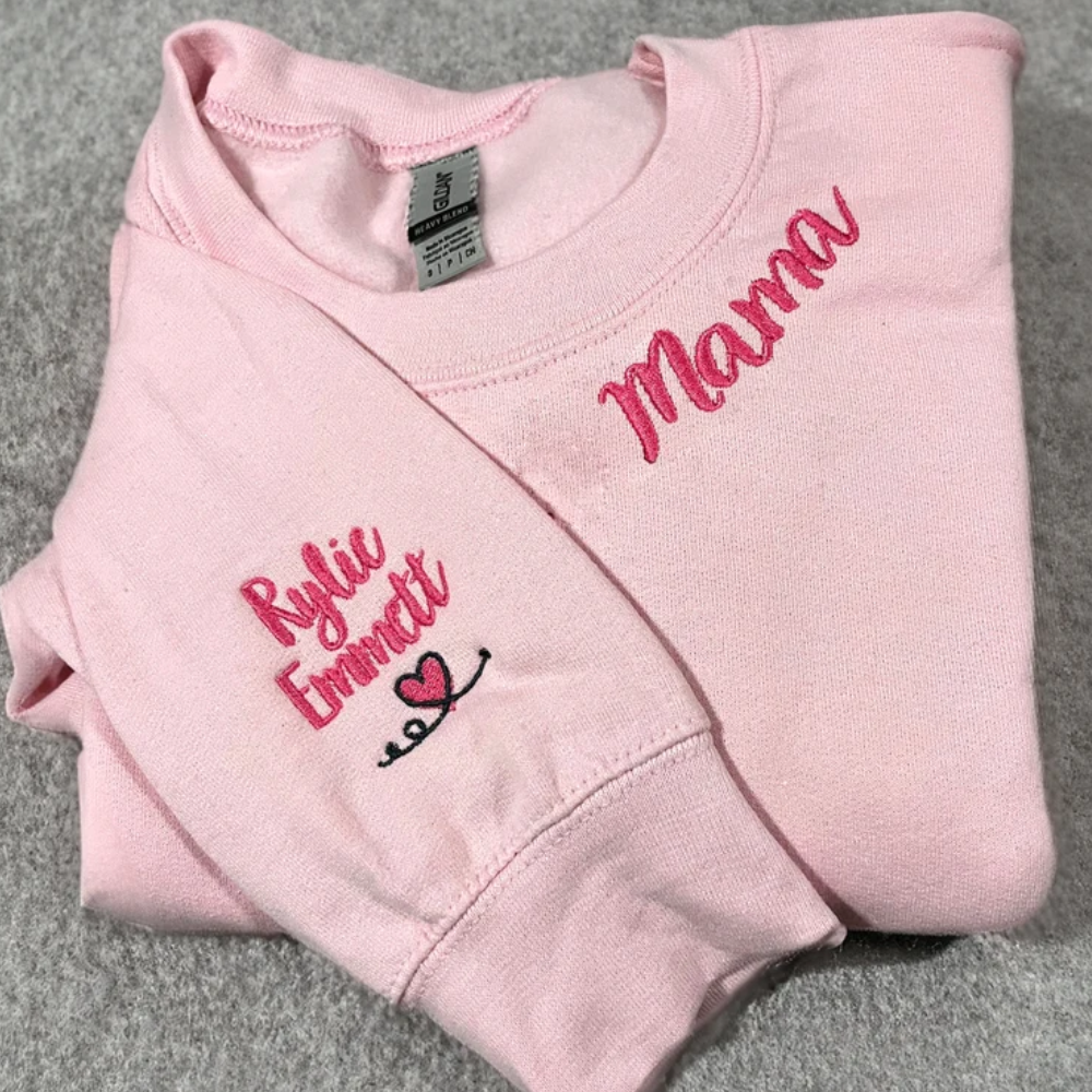 Custom Mama With Children Heart Icon On Neckline And Sleeve - Gift For Mom, Grandmother - Embroidered Sweatshirt
