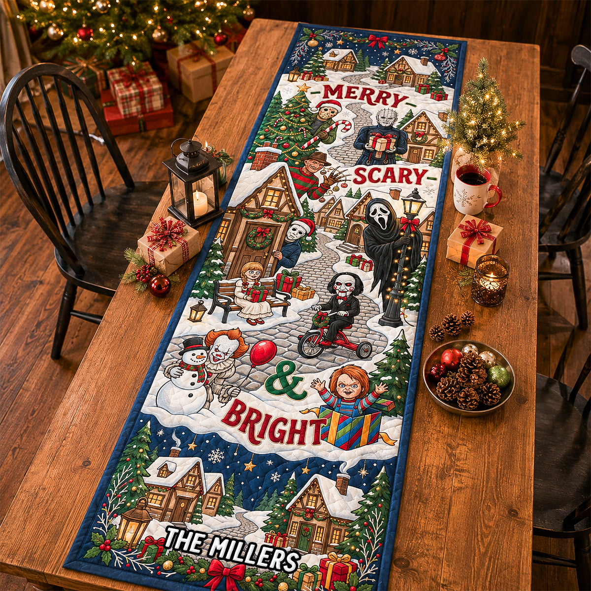 LA02. Merry Scary Christmas Family Decor, Custom Family Name Gift - Personalized Quilt Table Runner