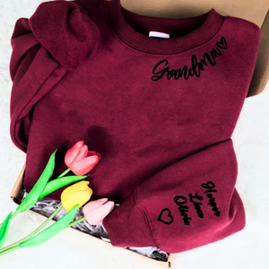 Custom Mama Love Kid On Neckline And Sleeve - Gift For Mom, Grandmother - Embroidered Sweatshirt