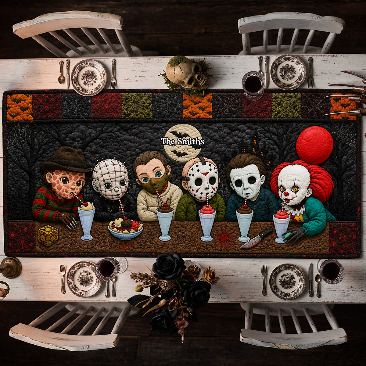 VD01. Cute Horror Characters Halloween Gift For Horror Fans- Personalized Quilt Table Runner