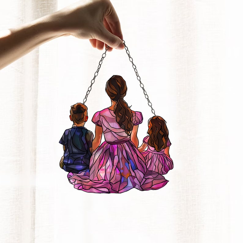 Mama And Her Children - Gift For Mom, Family Members - Window Hanging Suncatcher Ornament