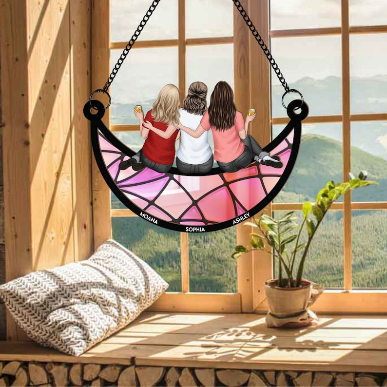 Mom & Daughter Sitting On The Moon - Gift For Mom, Grandma - Personalized Window Hanging Suncatcher Ornament