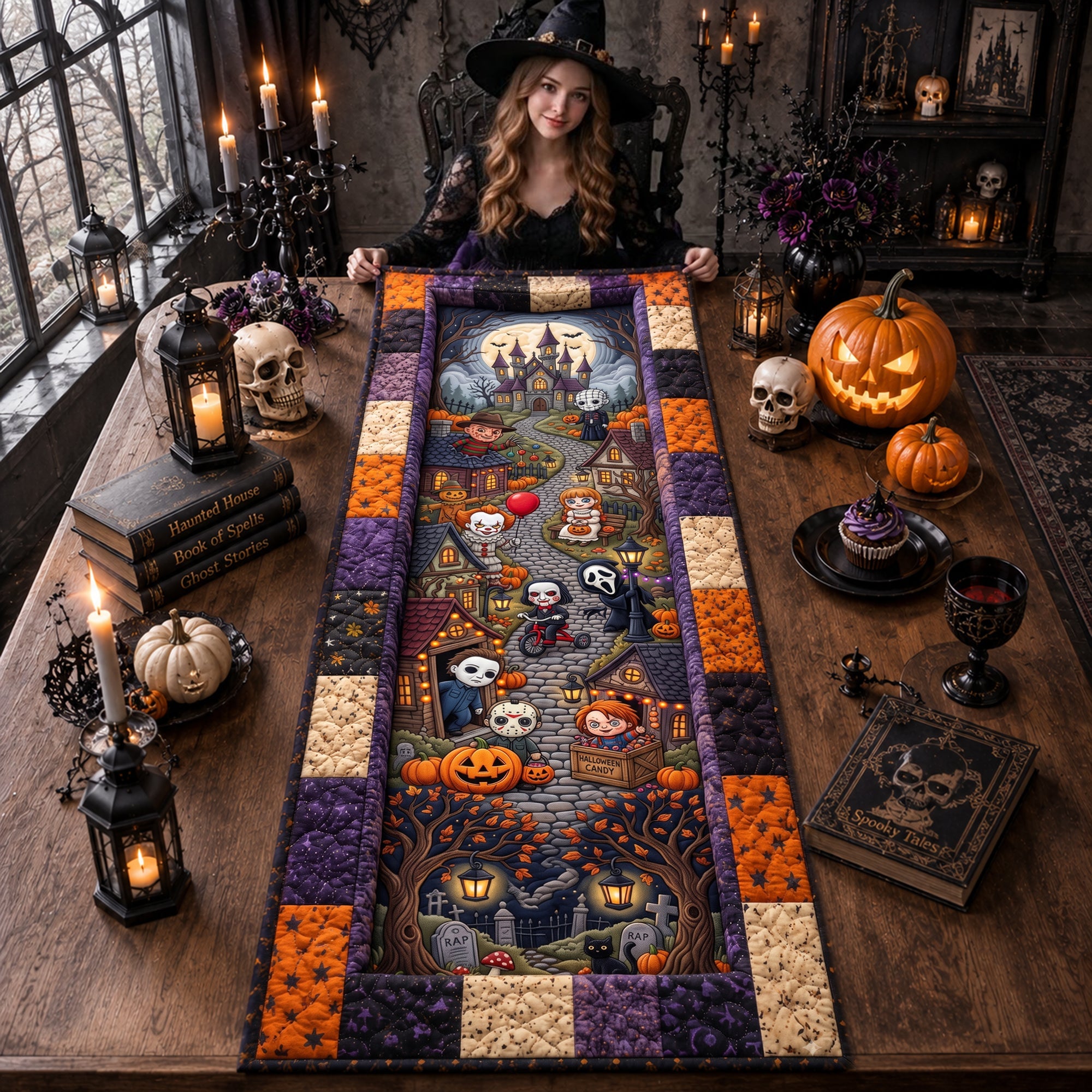 VD01. Halloween Horror Characters Fall Season Gift For Horror Fans - Personalized Quilt Table Runner