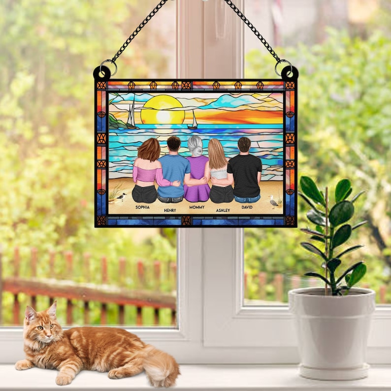 Mom & Children Sitting On The Beach - Gift For Mom, Family Members- Personalized Window Hanging Suncatcher Ornament