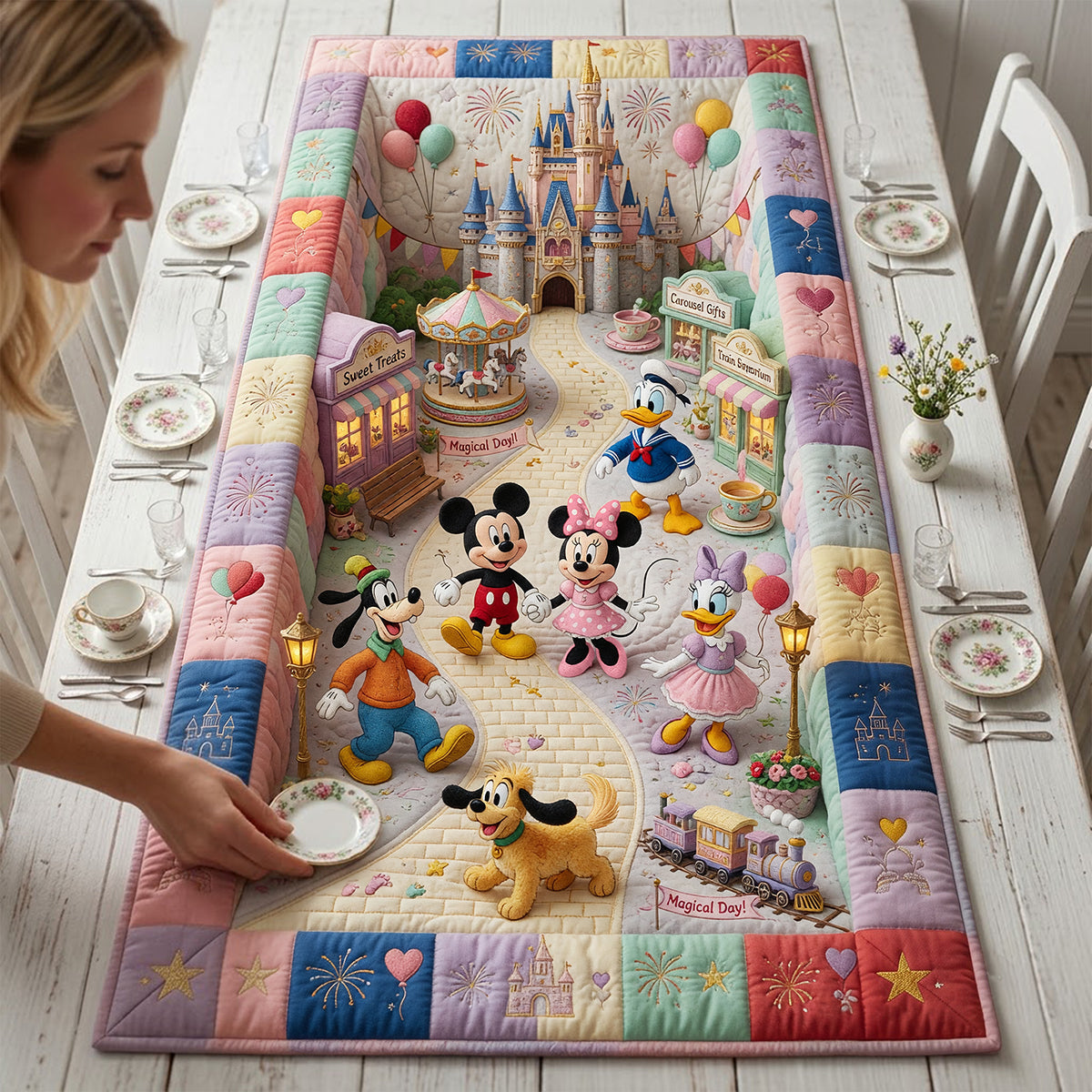 HH01 MkMo Sweet Street With Magic Mouse Custom Name Gift For Family - Personalized Quilted Table Runner