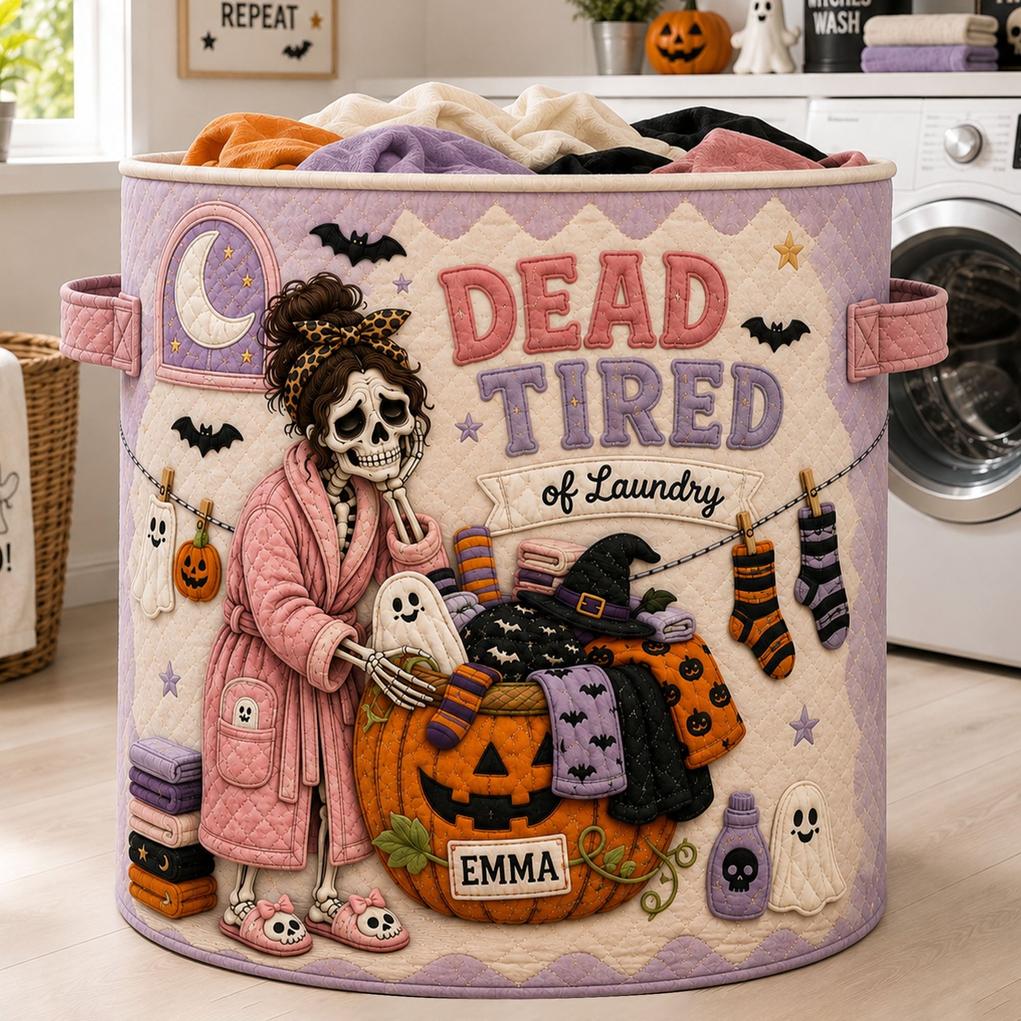 LA02. Dead Tired Of Laundry Funny Halloween Gift For Mom - Personalized Quilt Laundry Basket