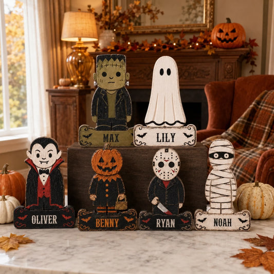 Horror Spooky Halloween Shelf Sitters, Custom Name Decor Gift For Family - Personalized Wooden Block Set