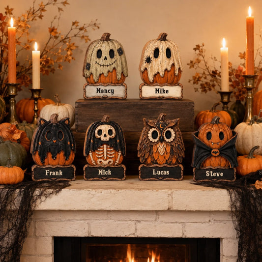 Horror Pumpkin Halloween Shelf Sitters, Custom Name Decor Gift For Family - Personalized Wooden Block Set