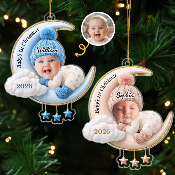 Custom Photo First Christmas Acrylic Ornament - Personalized Christmas Baby Shower, Gender Reveal Gifts For New Moms, New Dads, New Parents - Love You To The Moon And Back MH01