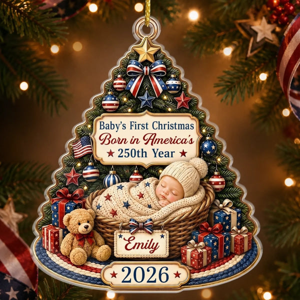 Custom First Christmas Acrylic Ornament - Personalized America 250th Anniversary Christmas Gifts For New Moms, New Dads, New Parents - Our Patriotic Little Miracle Baby MH01
