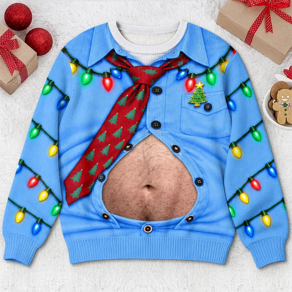 Funny 3D Open Shirt Christmas Sweater, Xmas Tie Costume, Ugly Holiday Outfit Gift For Him - Personalized Ugly Sweater LA02