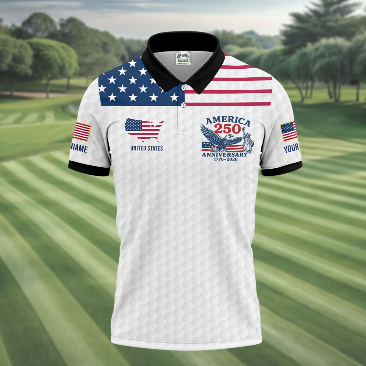 America250Anniversary1776 2026GolfBallPatternPatrioticGolfShirt_GolfTopsForMen_GolfShirtsForMen2