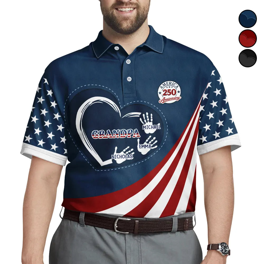 America250AnniversaryGrandpaDadKidsHandprints PersonalizedPoloShirt LV242 NEL3449 MKDEF