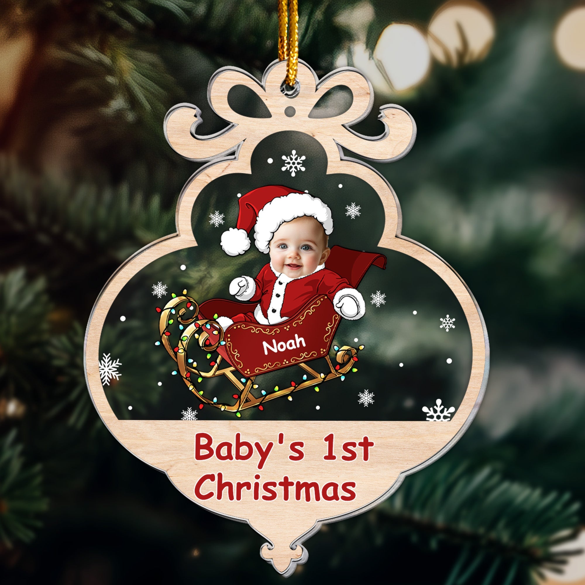 Baby First Christmas With Adorable Santa Sleigh Personalized Acrylic Photo Ornament_3