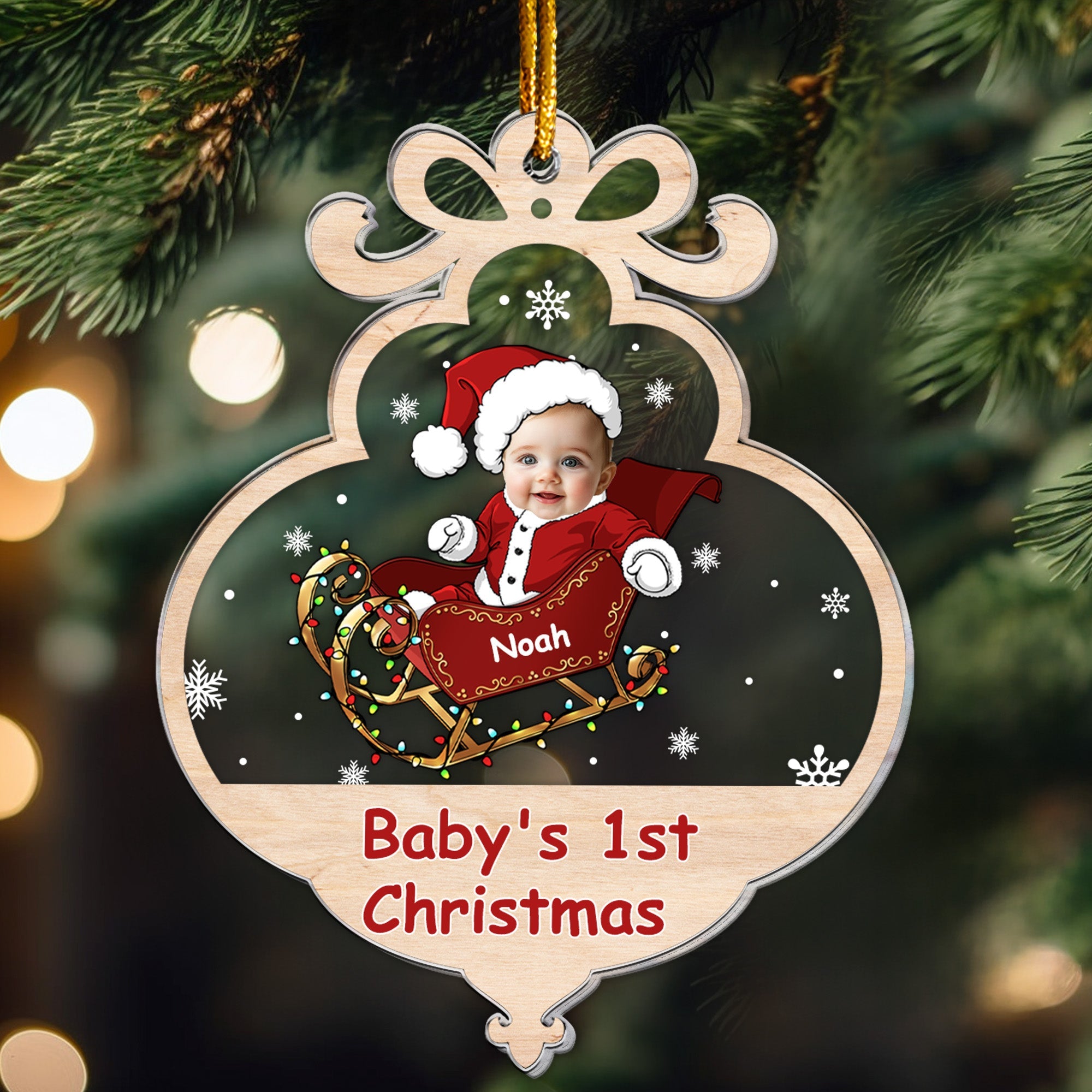Baby First Christmas With Adorable Santa Sleigh Personalized Acrylic Photo Ornament_4