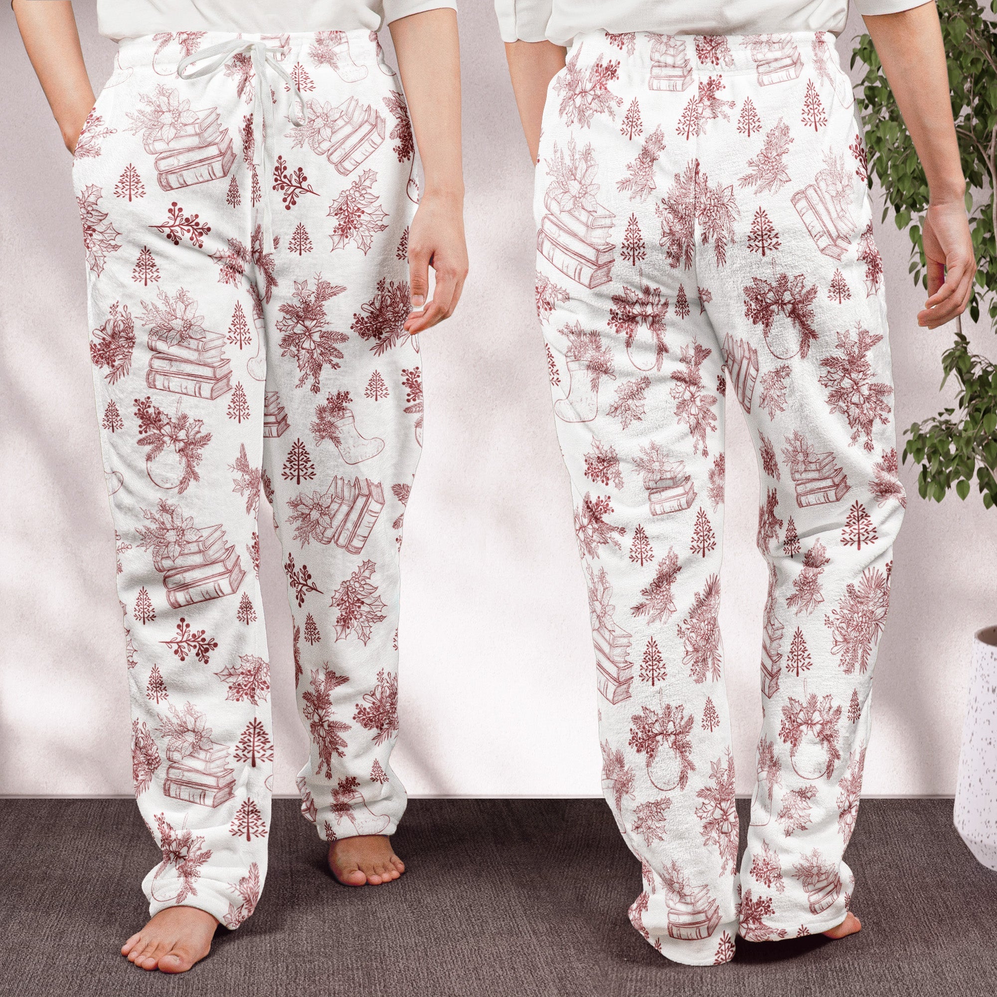Book Wine Baking Knitting Lover Toile De Jouy Personalized Fleece Pajama Pants_4