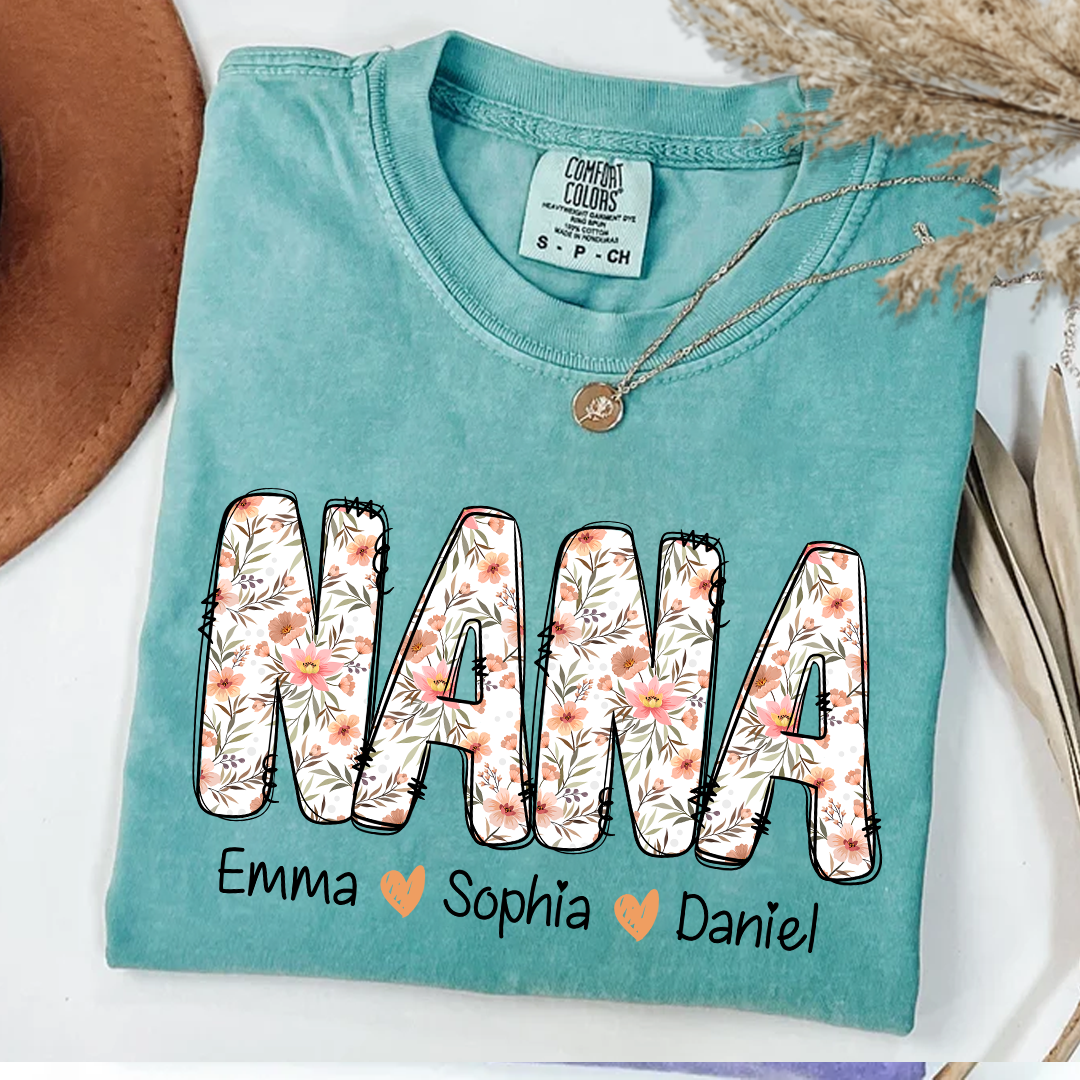 Comfort Colors_C2_AE Nana Flower 2025 Shirt Custom Grandma And Grandkids Shirt_Seafoam_S 1 byfxz