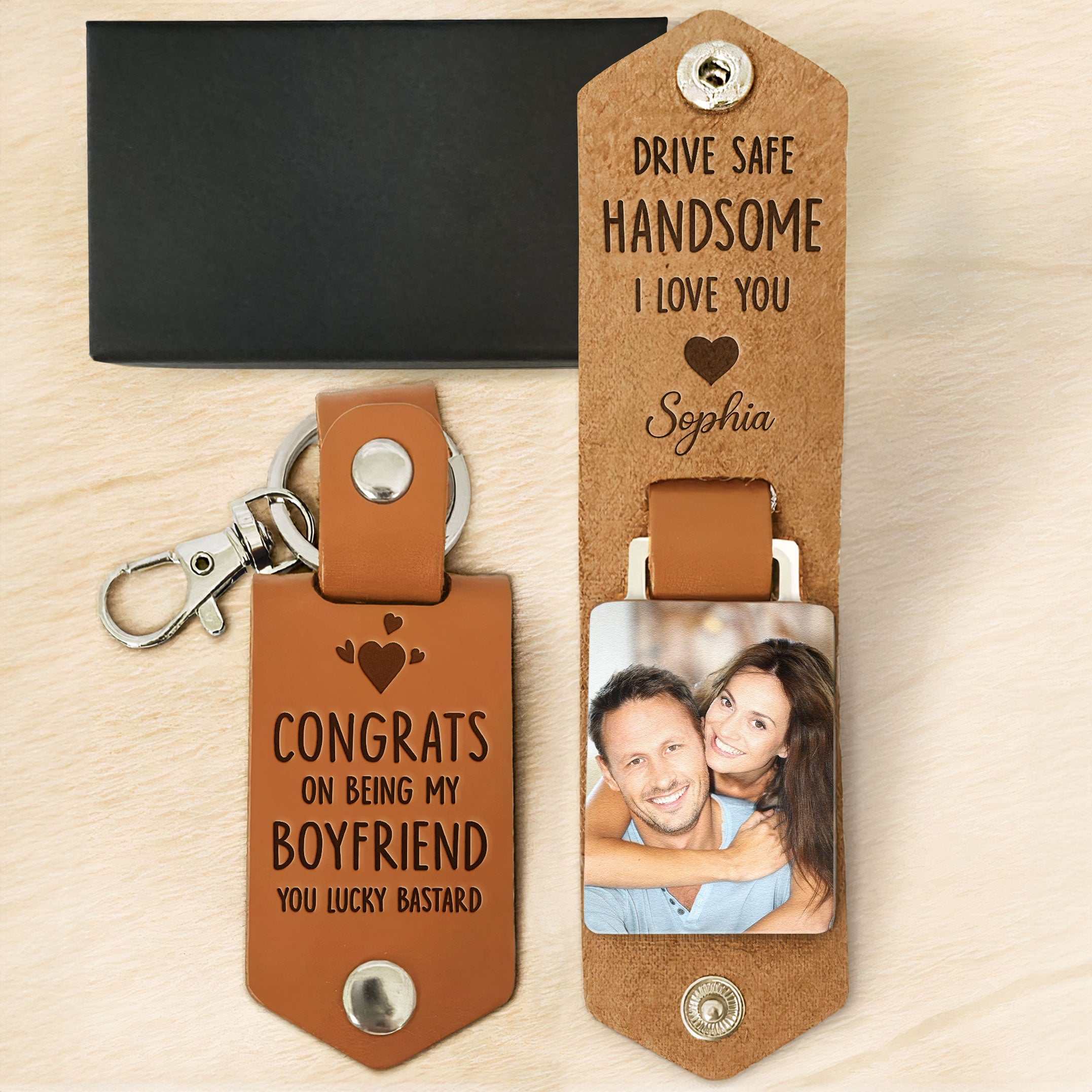 Congrats On Being My Boyfriend Personalized Leather Photo Keychain_3