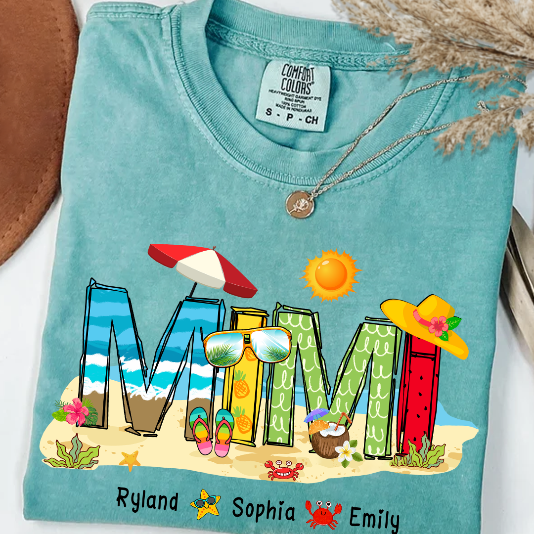 Custom Beach Mimi Shirt _E2_80_93 Personalized Grandma T Shirt with Grandkids Names _E2_80_93 Summer Vacation Gift for Mimi _E2_80_93 Colorful Coastal Graphic Tee_Seafoam_S 1 4NLqx