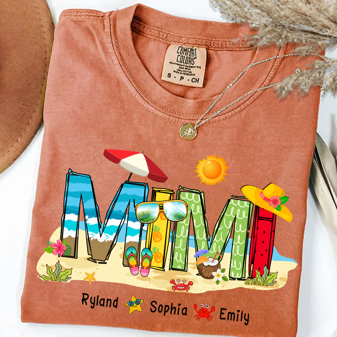 Custom Beach Mimi Shirt _E2_80_93 Personalized Grandma T Shirt with Grandkids Names _E2_80_93 Summer Vacation Gift for Mimi _E2_80_93 Colorful Coastal Graphic Tee_Yam_S 1 HqiH6