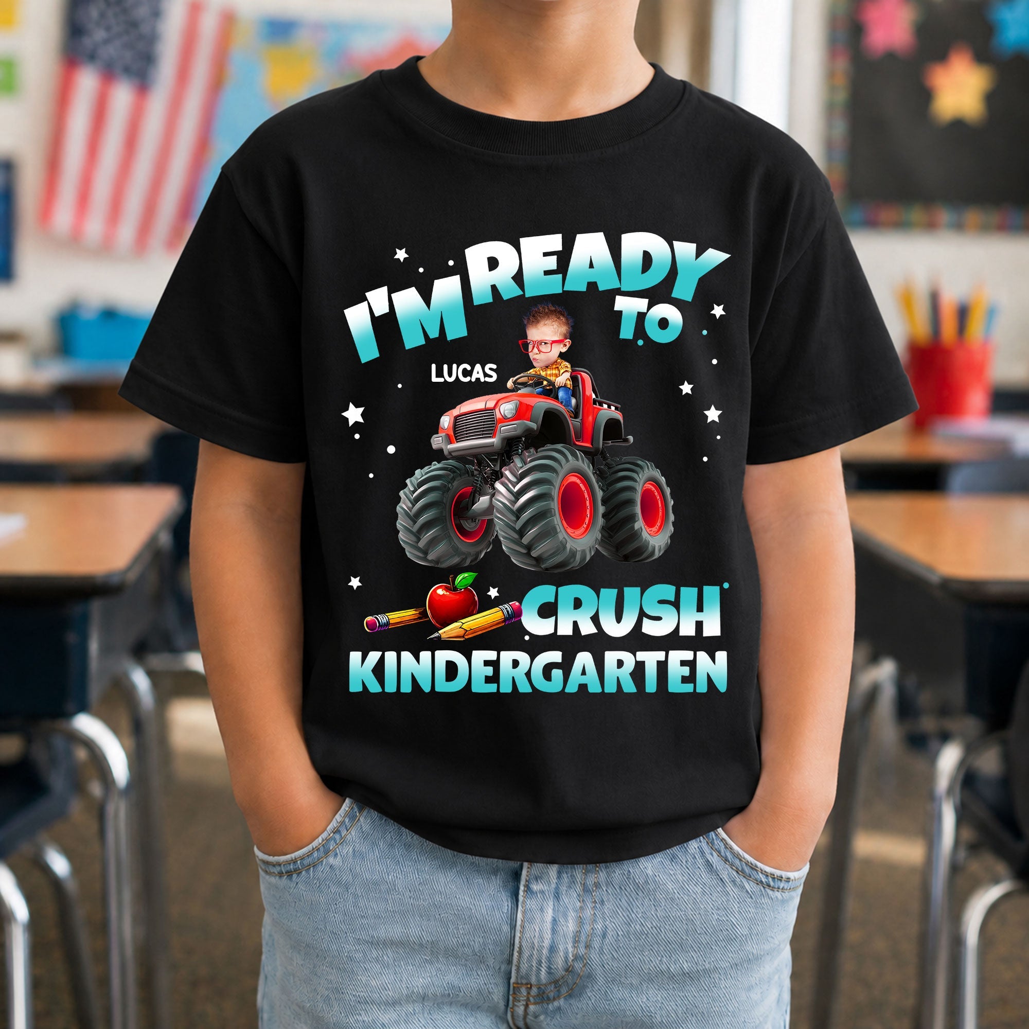 Custom Face Kid Riding Monster Truck Back To School Personalized Shirt 1