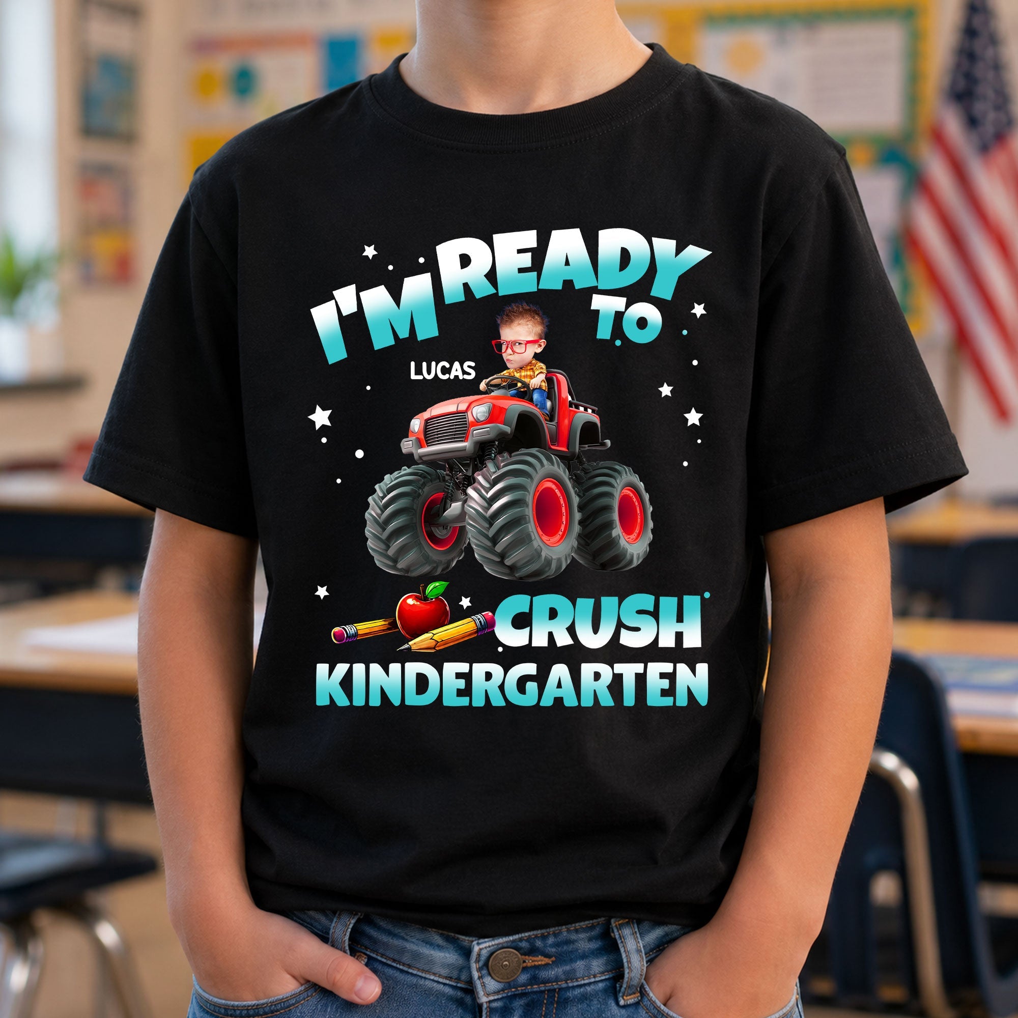 Custom Face Kid Riding Monster Truck Back To School Personalized Shirt 2