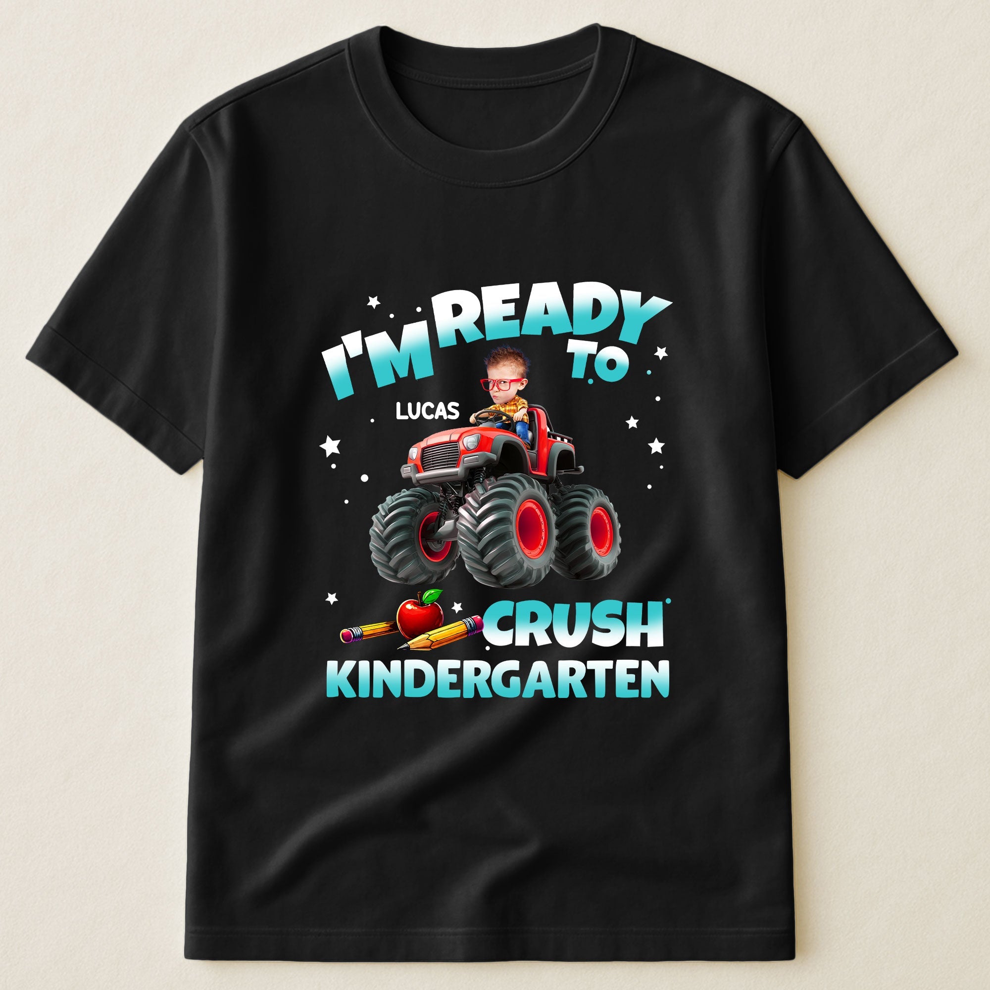 Custom Face Kid Riding Monster Truck Back To School Personalized Shirt 3