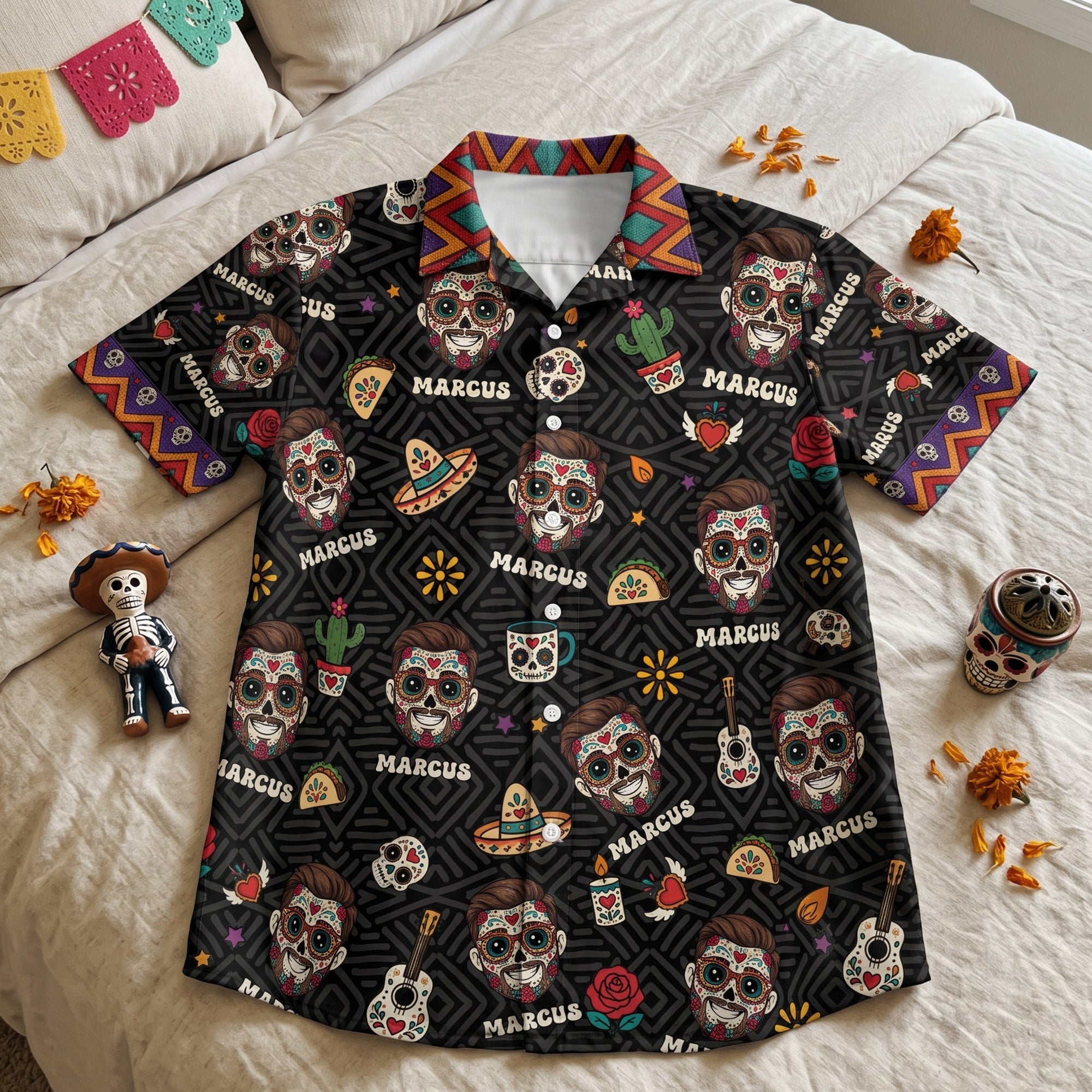 Custom_Portrait_Sugar_Skeleton_Hispanic_Mexican_Flowers_Personalized_Hawaiian_Shirt_2