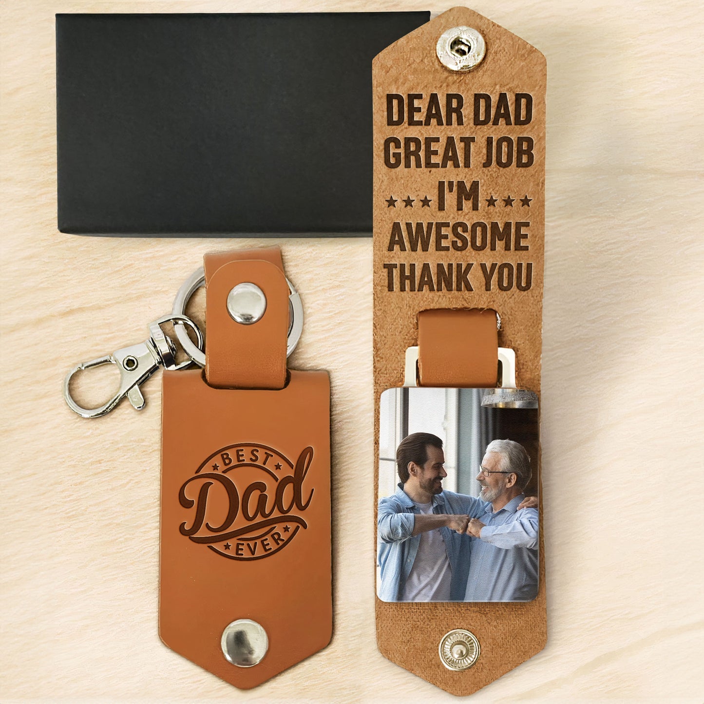 Dear Dad Great Job We_Re Awesome Personalized Leather Photo Keychain_4