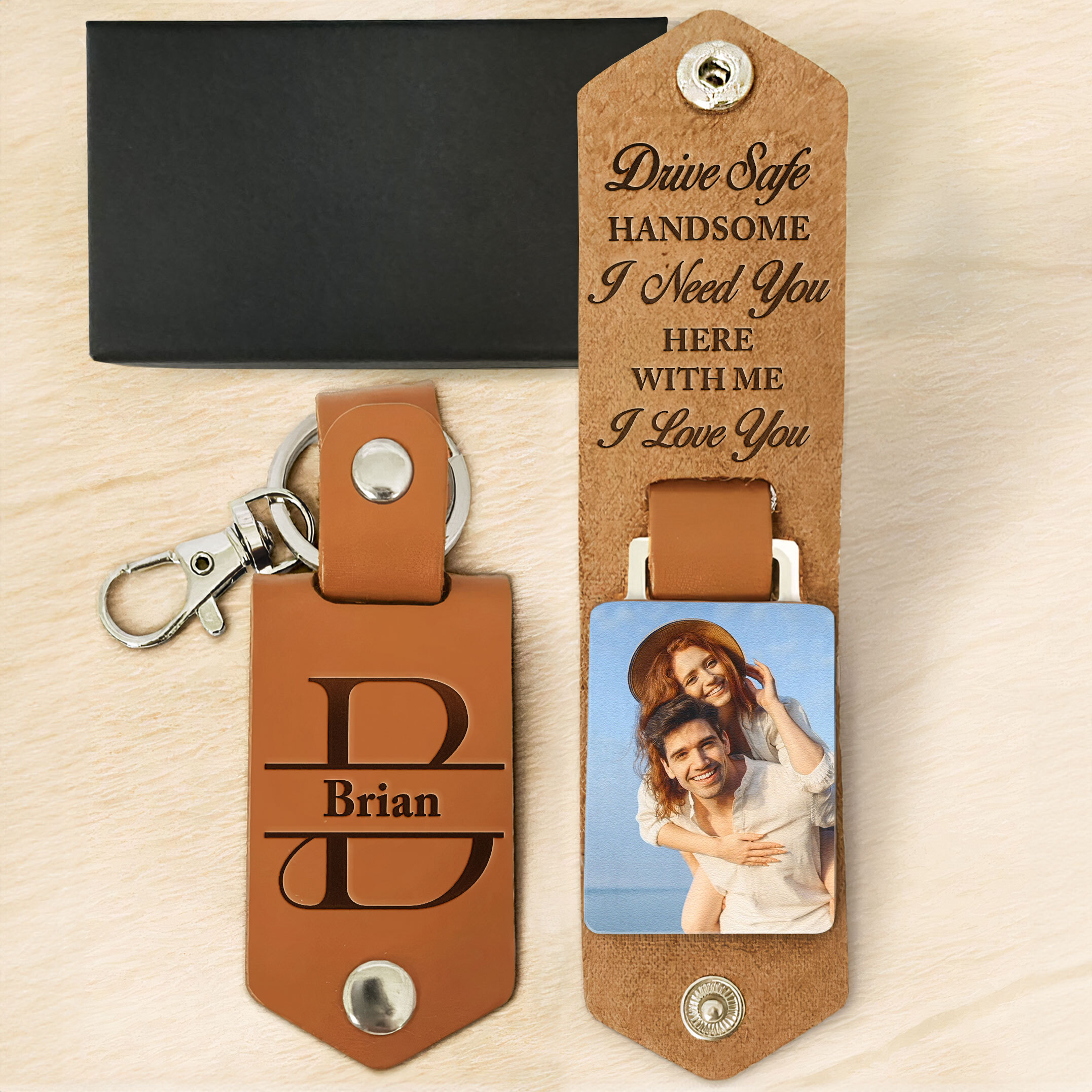 Drive Safe Handsome I Love You Personalized Leather Photo Keychain_2