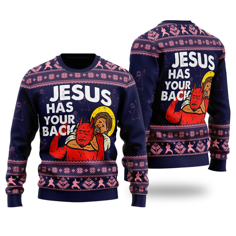 Funny Jesus Has Your Back Ugly Christmas Sweater For Men and Women UH1410