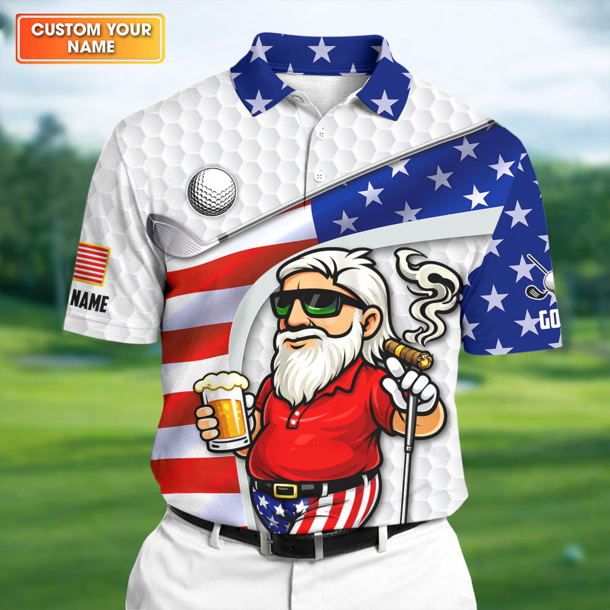GolfAndBeerPatrioticManGolfBallPattern4thOfJulyWhiteGolfShirt_250thAnniversaryGolfShirtsForMen1