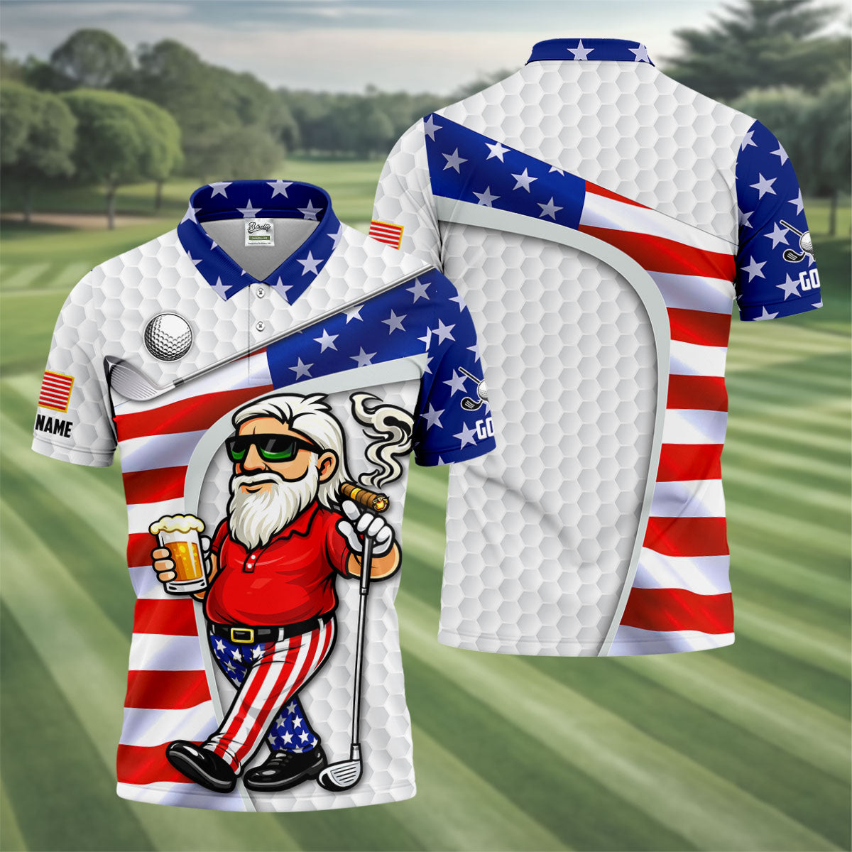 GolfAndBeerPatrioticManGolfBallPattern4thOfJulyWhiteGolfShirt_250thAnniversaryGolfShirtsForMen3