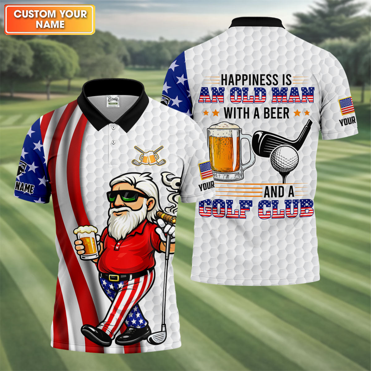 HappinessIsAnOldManWithABeerFunny4thOfJulyWhiteGolfShirt_250thAnniversaryGolfShirtsForMen1