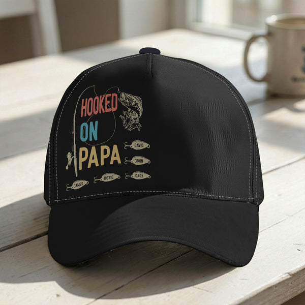 Hooked On Papa, Dad Custom Name Gift For Fisherman - Personalized Cap HH02
