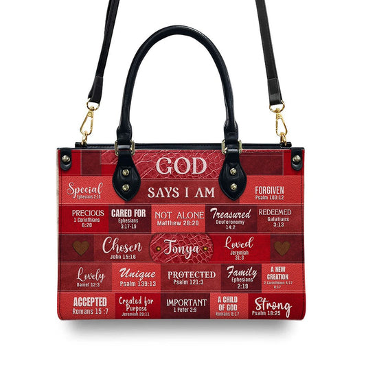 InspirationalScriptureLeatherHandbag CustomNameCHRISTIANARTBAGTote GODSaysIAmRedLeatherHandbagFamilyStore5