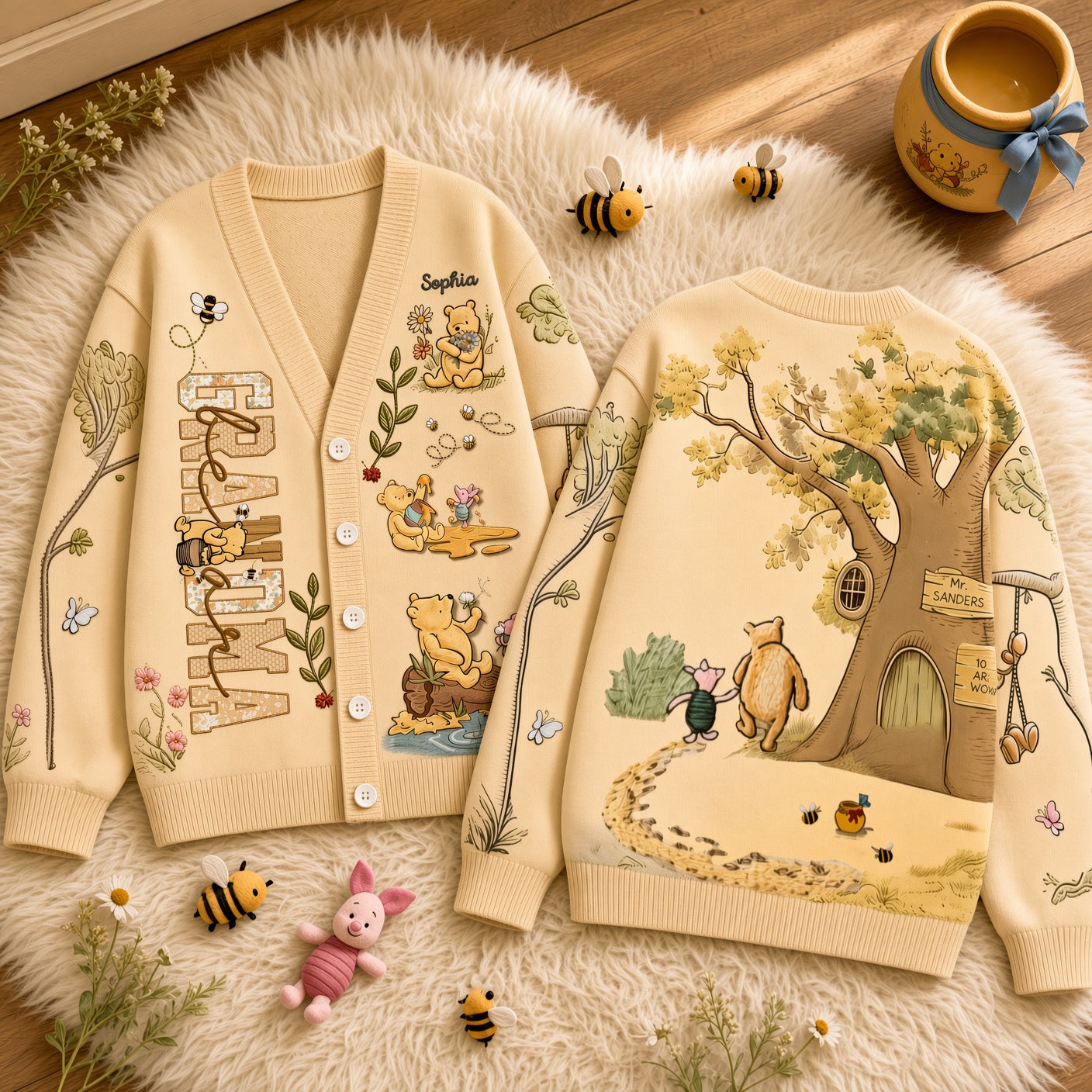 Honey Bear Custom Name Knit Sweater Cozy Birthday Gift For Her - Personalized Knitted Cardigan