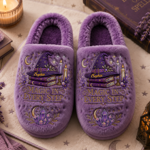 Witch Magic In Every Step Fuzzy Books Gift For Her - Personalized Slippers